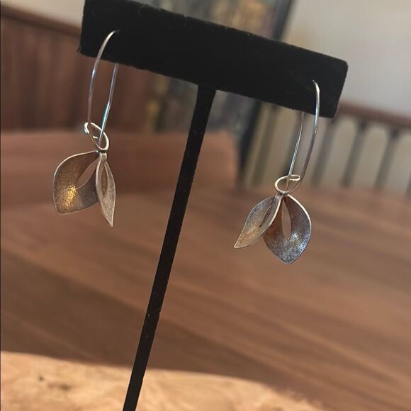 Artsist Signed Silver Leaf Earrings - Picture 1 of 8